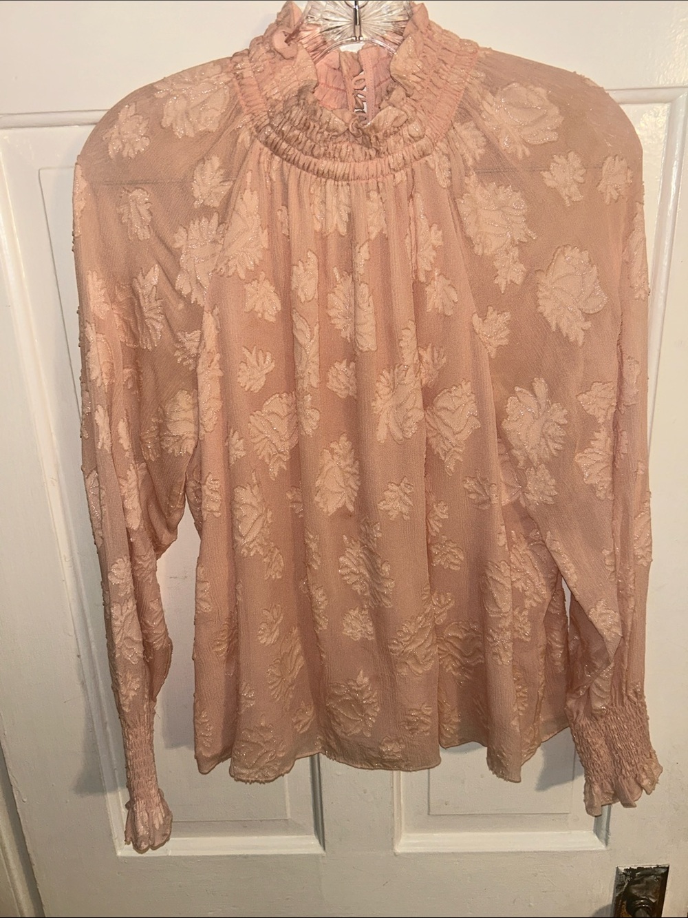Rebecca Taylor Blush Peach Floral Smocked Neck Blouse